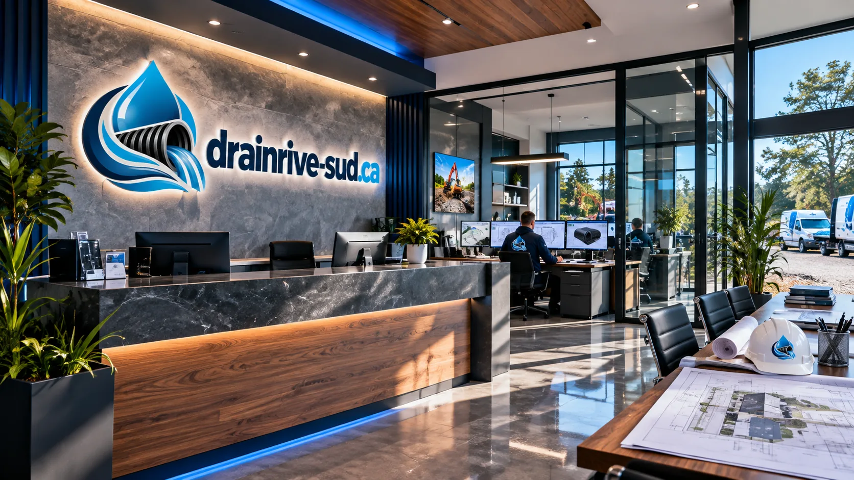 Accueil d'une entreprise de drainage, comptoir de pierre, bureaux vitrés et plans de terrain sur une table