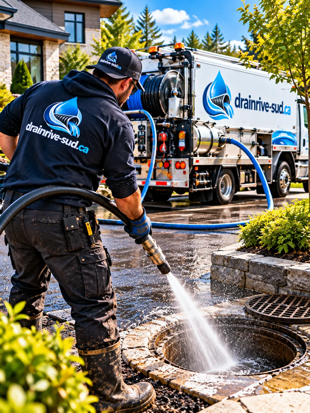 Opérateur qui nettoie un regard à l'eau sous pression depuis un camion de nettoyage
