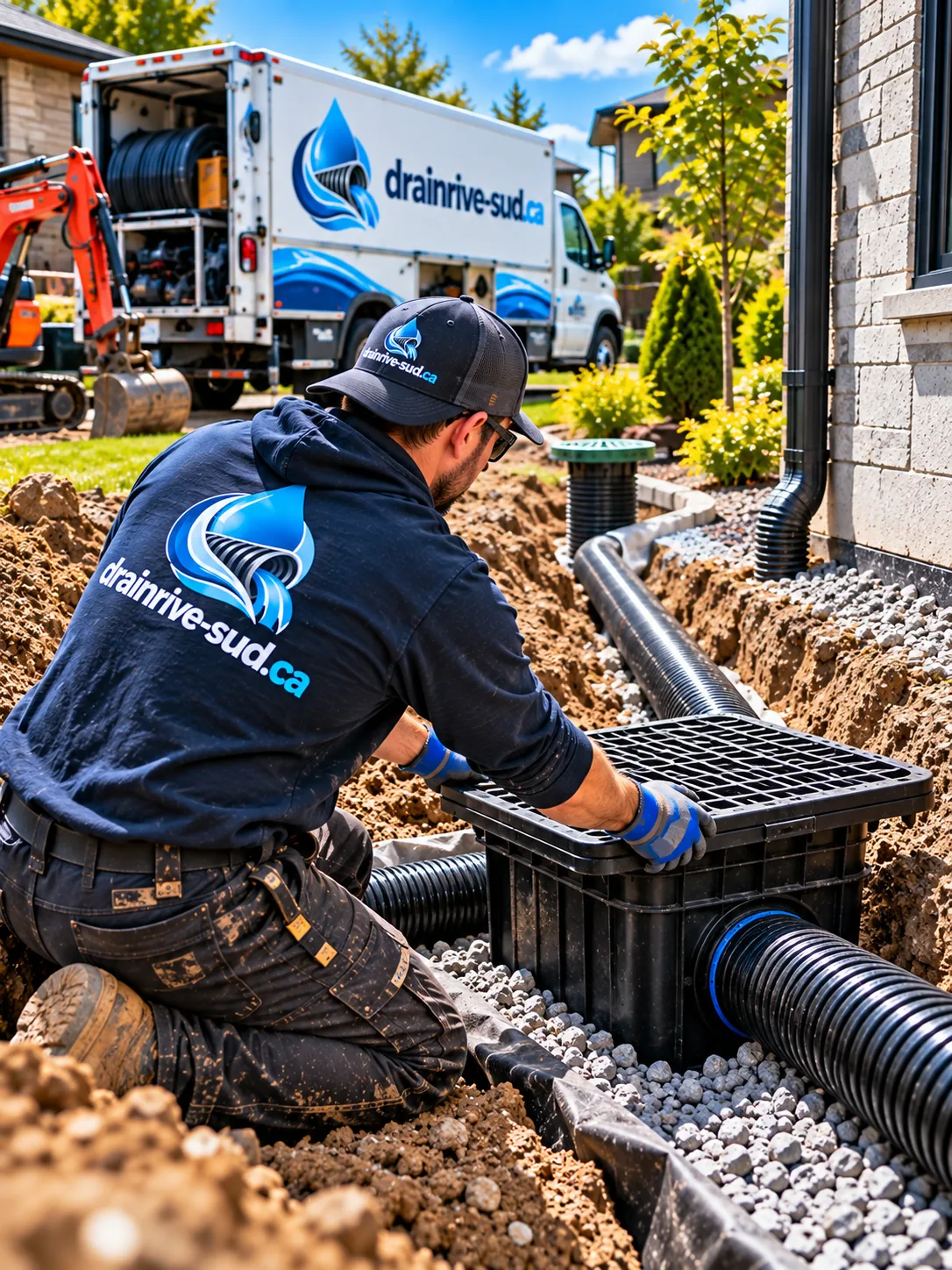 Ouvrier qui installe un puisard pluvial à grille relié à des conduites noires dans une tranchée